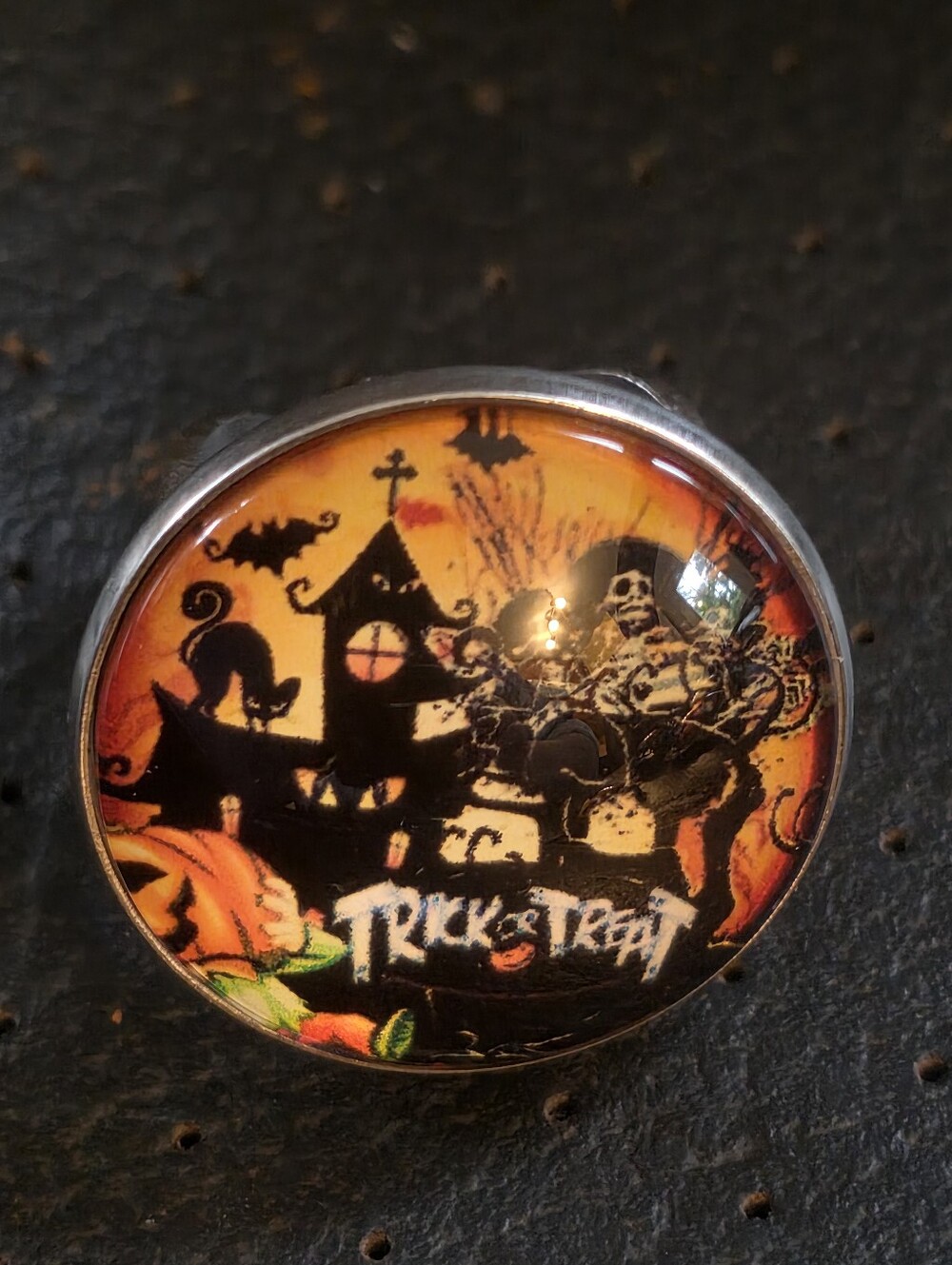 Trivk Or Treat Halloween Cabochon In Stainless Steel Adjustable Ring (25 Mm)